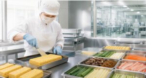 業務用食品工場で玉子焼きや寿司用具材を製造する様子