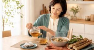 自宅でごぼう茶とごぼうスープを楽しむ女性