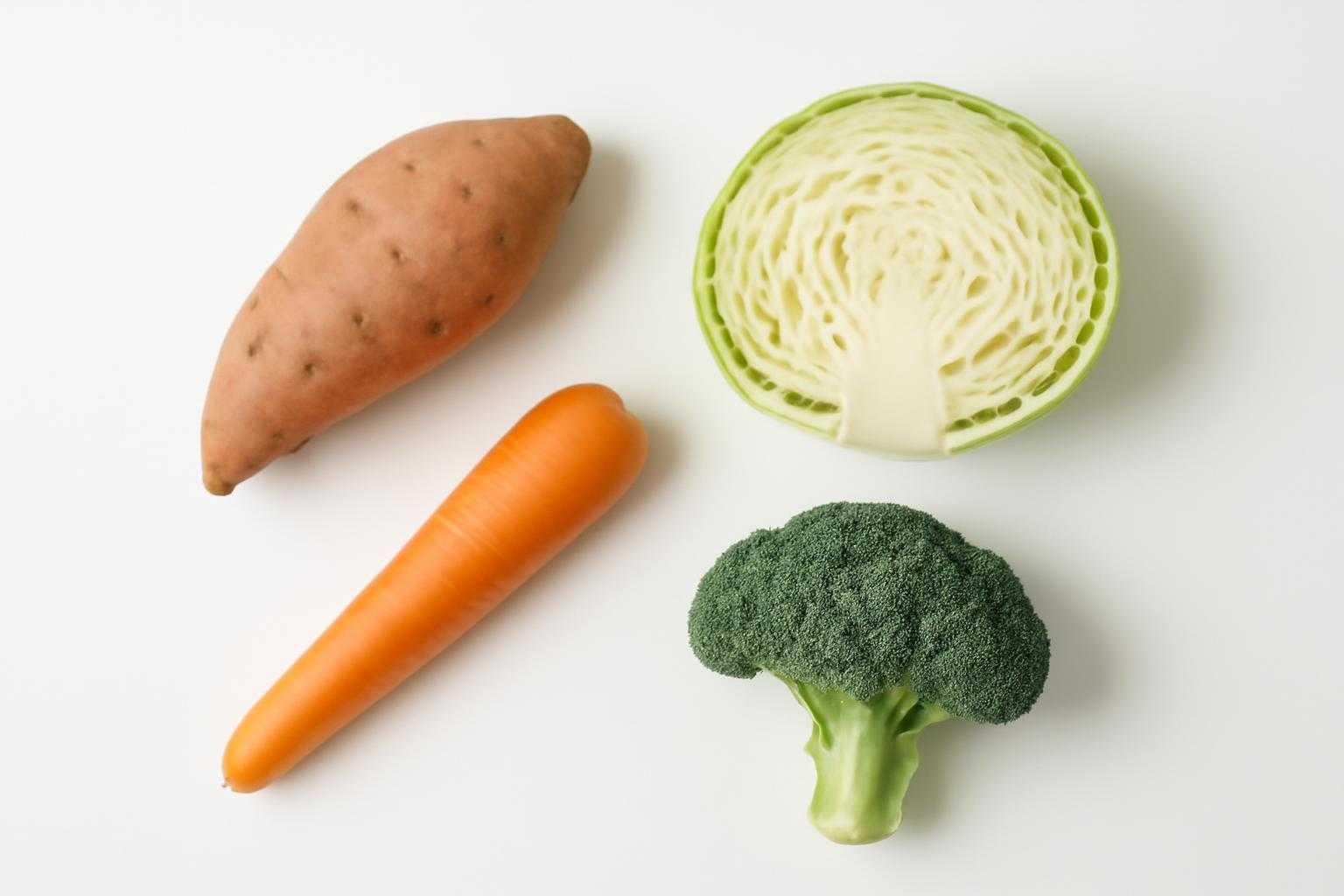 食物繊維が豊富なさつまいも、にんじん、キャベツなどの野菜の集合
