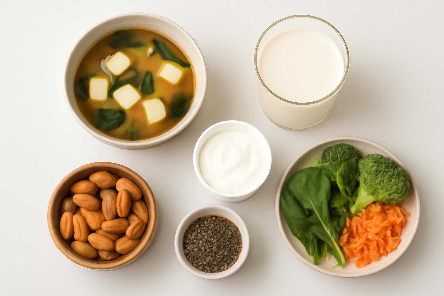 腸活に役立つ、味噌汁、ヨーグルト、豆乳などの飲食品の組み合わせ