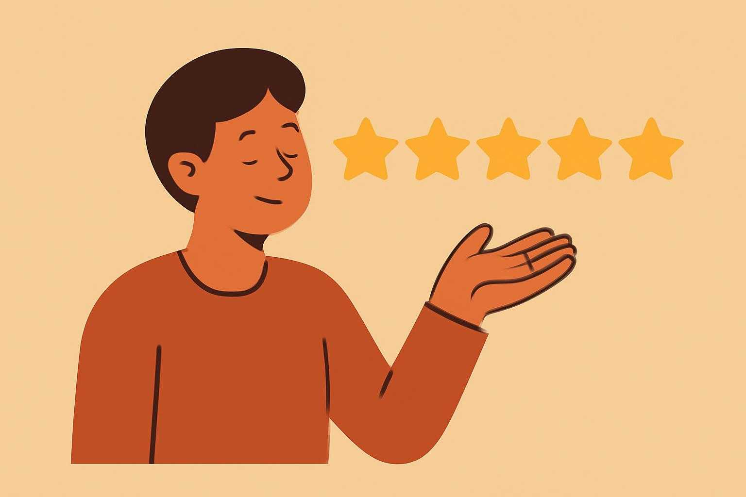 満足した表情の人物と評価を示す星マークのイラスト