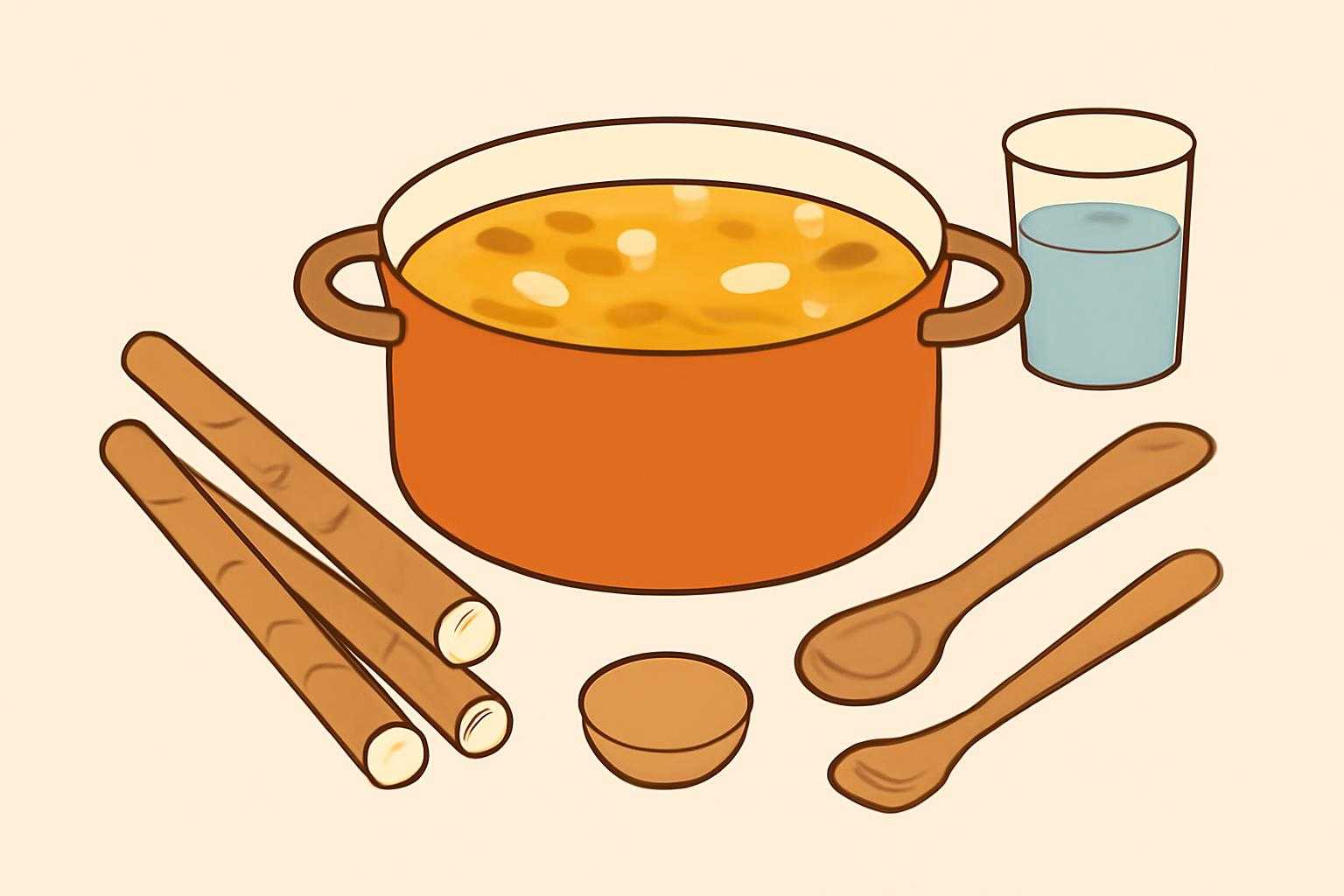 ごぼうスープの材料と調理道具が並べられている様子