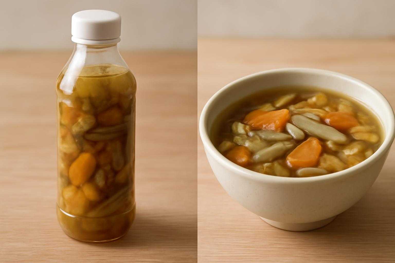 市販のごぼうリセットスープの瓶と手作りスープが並んでいる比較画像