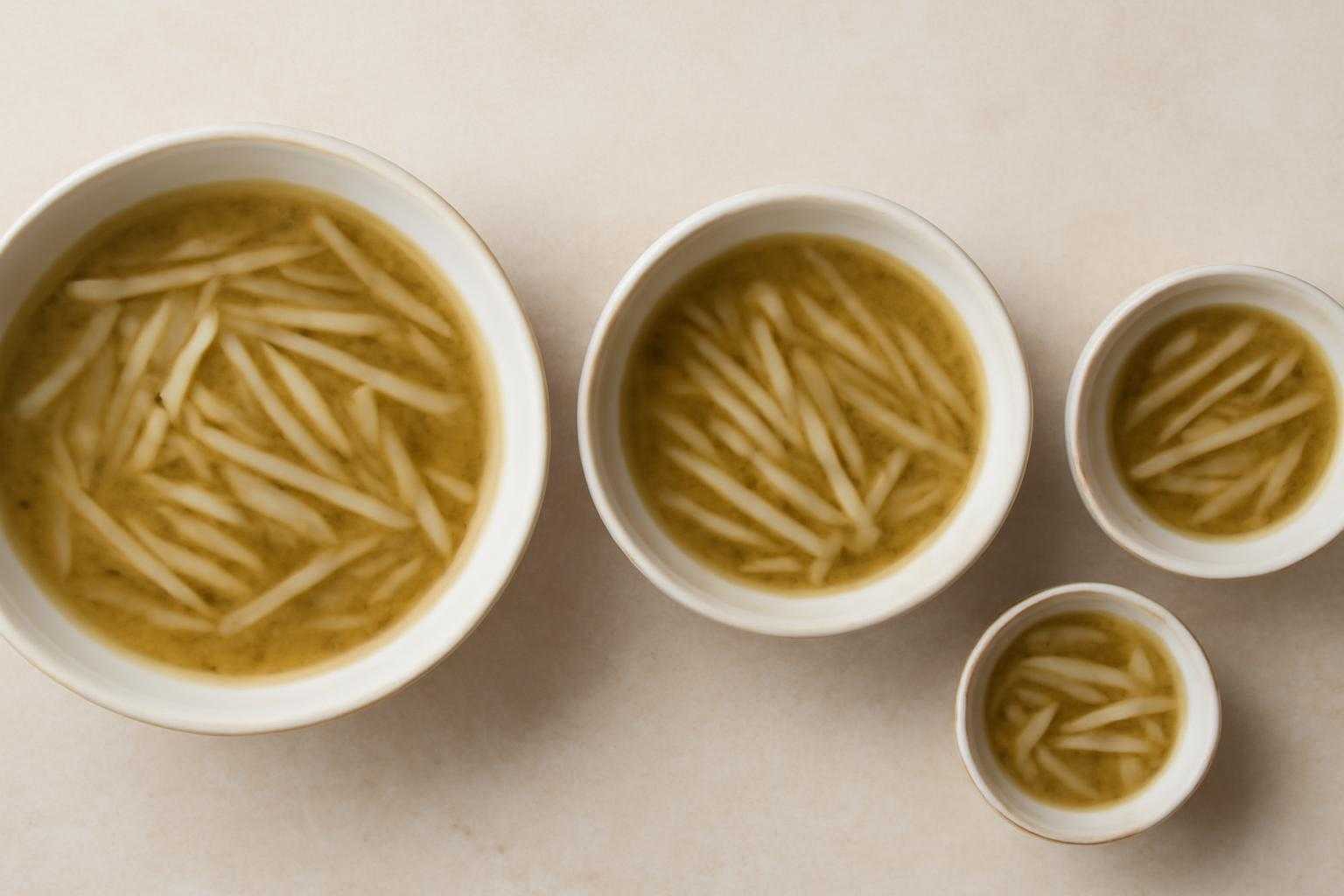 目的別に異なるセット数のごぼうスープが並んでいる様子