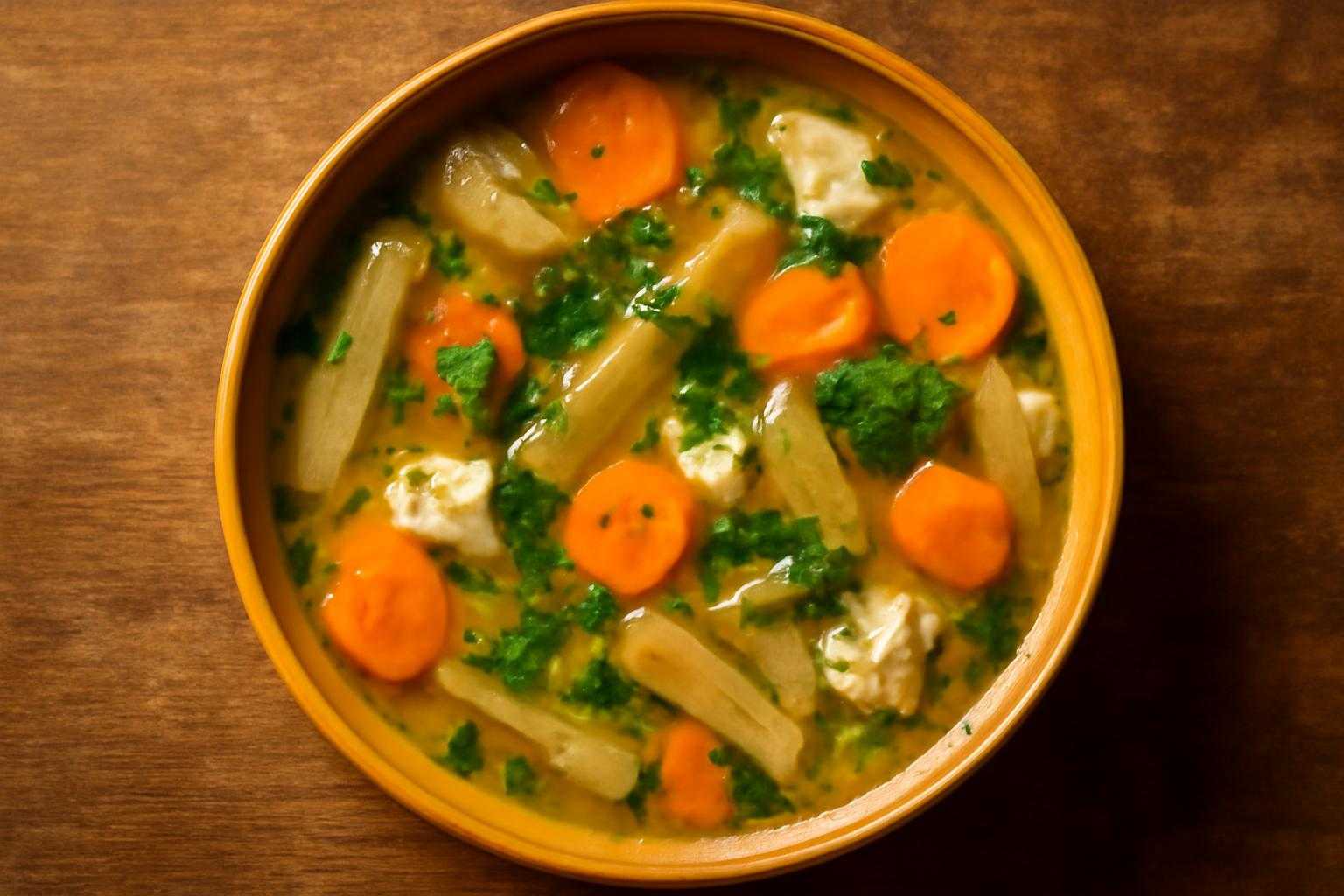 ごぼう、にんじん、鶏肉など様々な具材が入ったスープ