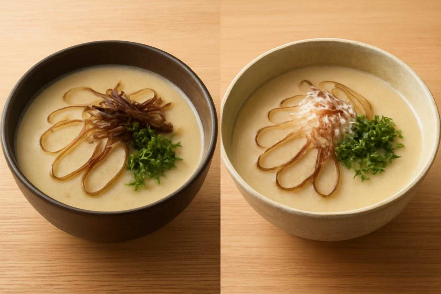 ごぼうスープを使ったアレンジ料理が2種類並んでいる様子