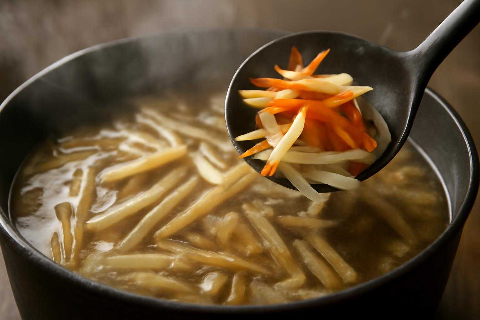 ごぼうスープを鍋で調理しながら、材料を加えている調理シーン