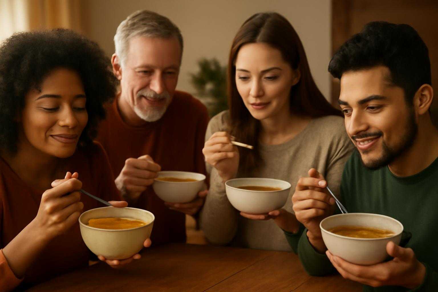満足そうに笑顔でスープを飲む複数の人々