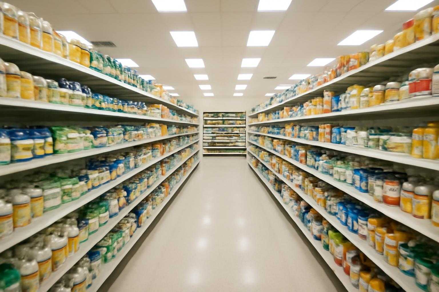 ドラッグストアの店内で健康食品コーナーの棚を示す風景