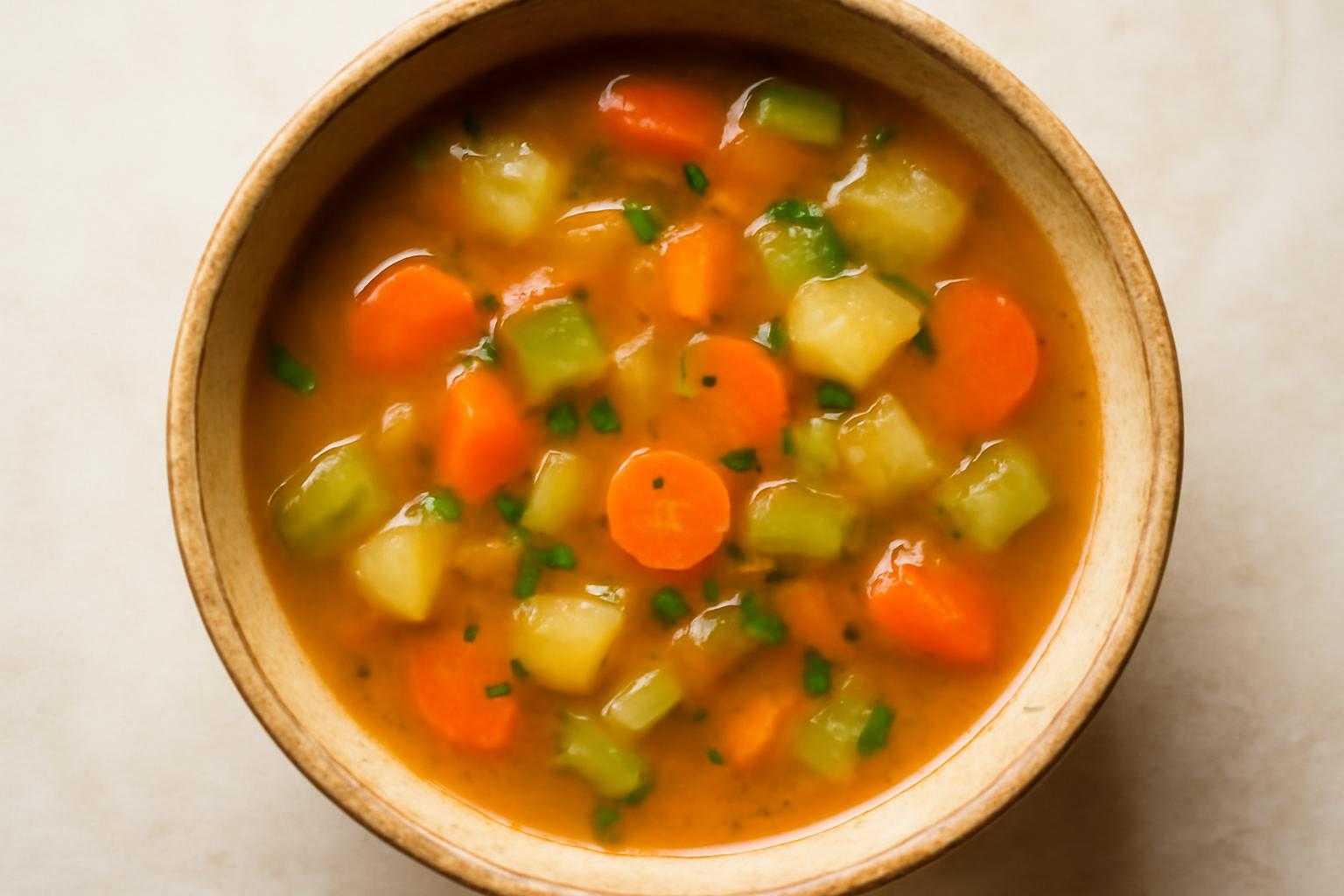 温かいスープが入ったボウルと野菜の組み合わせ