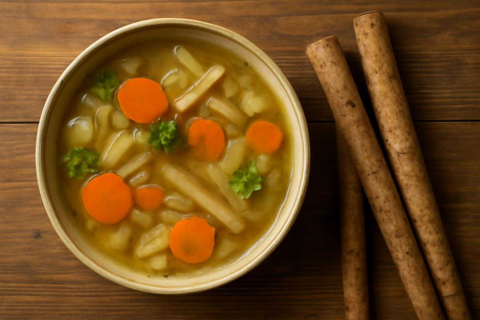 ごぼうと野菜が入ったスープ。栄養価の高さを表現している