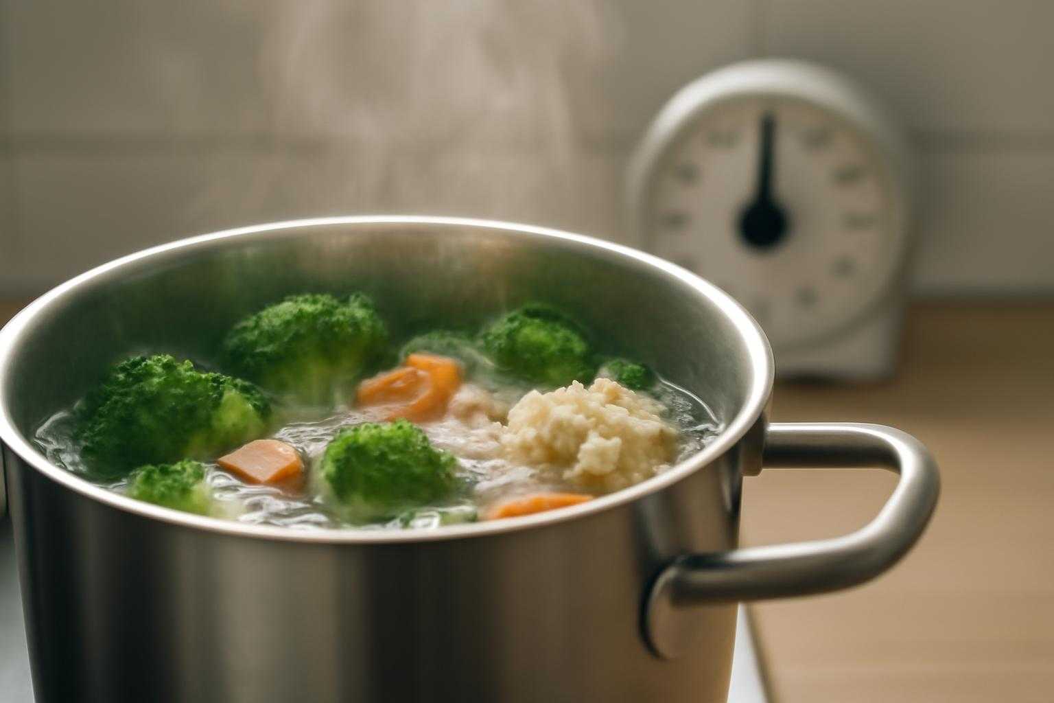 沸騰した鍋で野菜が短時間で調理されている様子