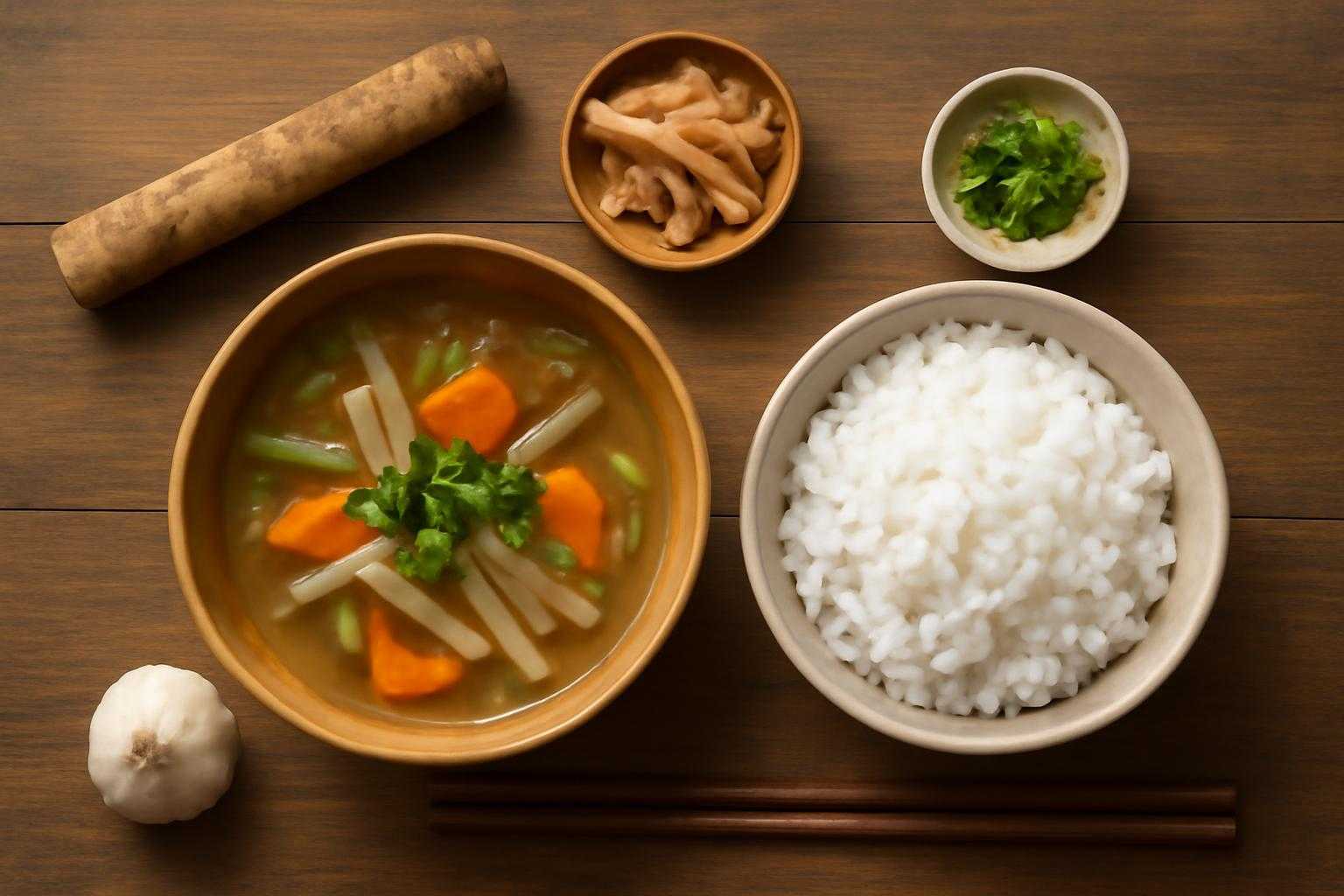 スープと炊き込みご飯が食卓に一緒に並んでいる状態