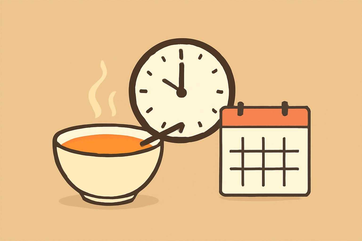 コップに入ったスープと時計、カレンダーで示す毎日の飲用スケジュール
