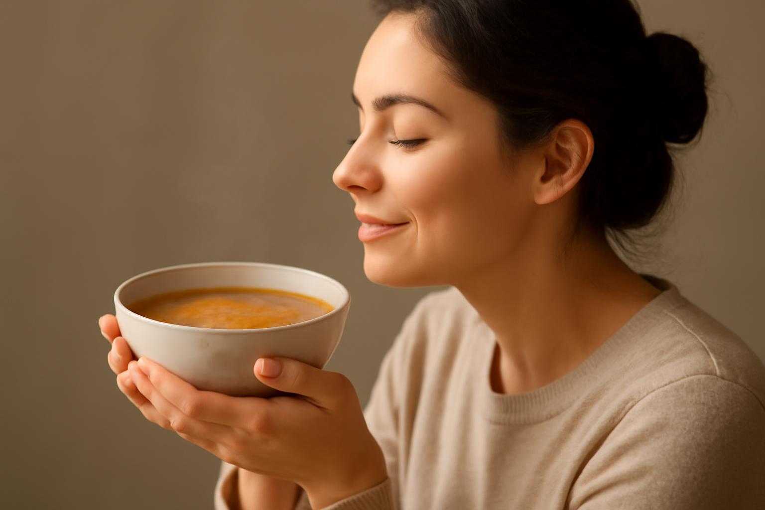 スープを飲む女性と笑顔で満足している様子