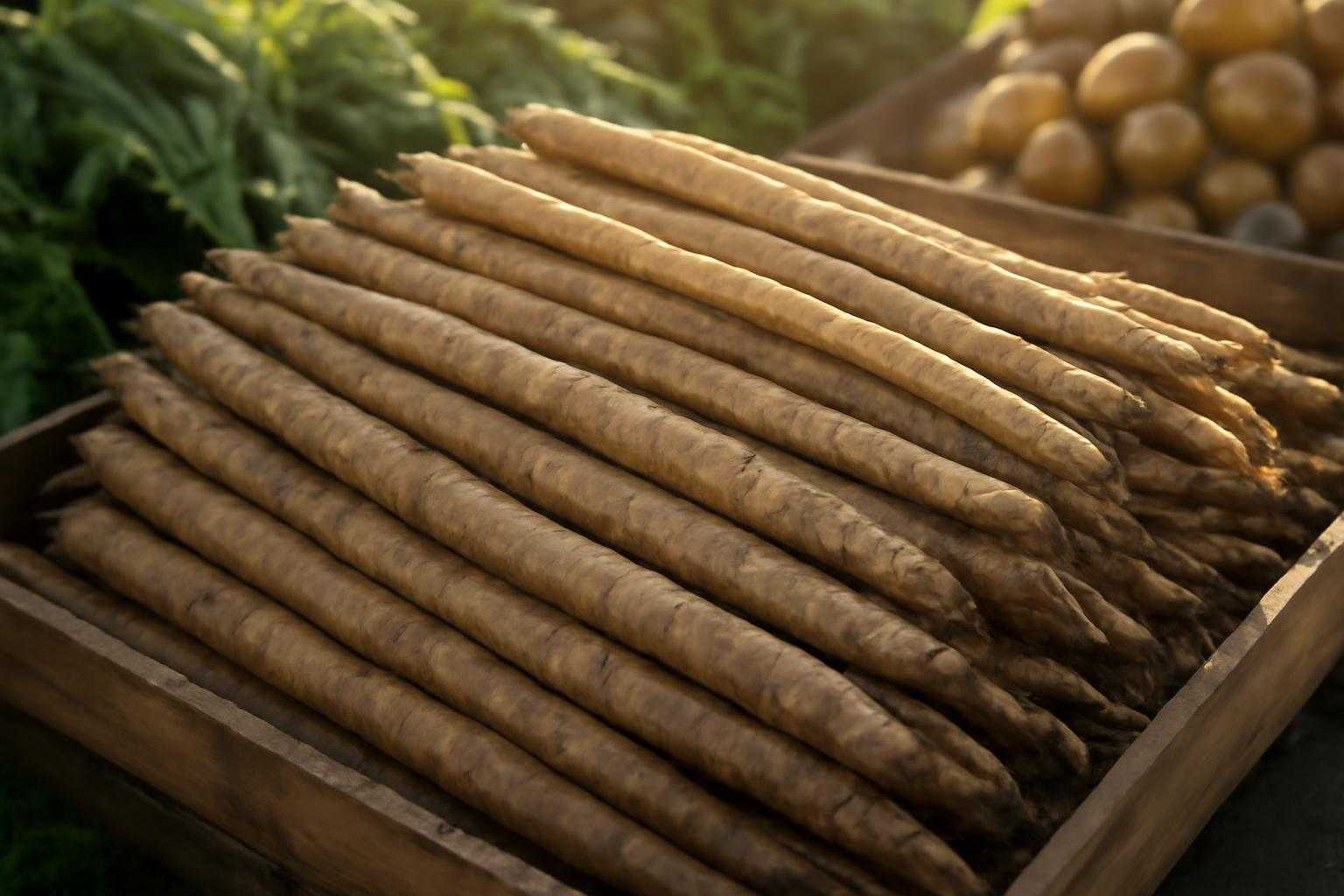新鮮なごぼうが積み重なった野菜市場の様子